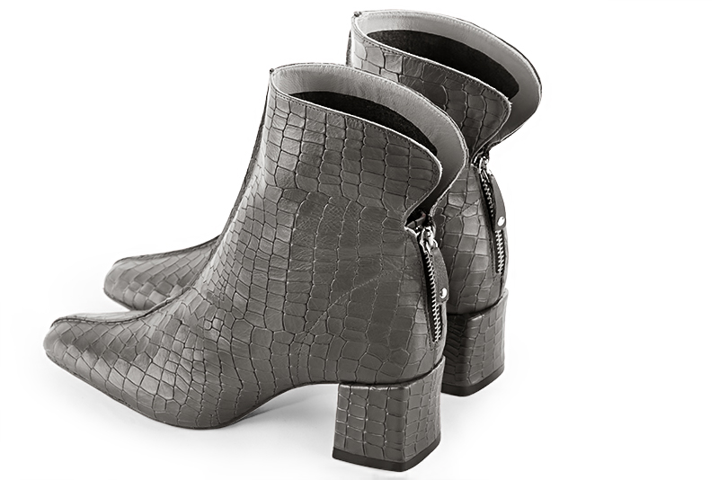 Ash grey women's ankle boots with a zip at the back. Square toe. Medium block heels. Rear view - Florence KOOIJMAN